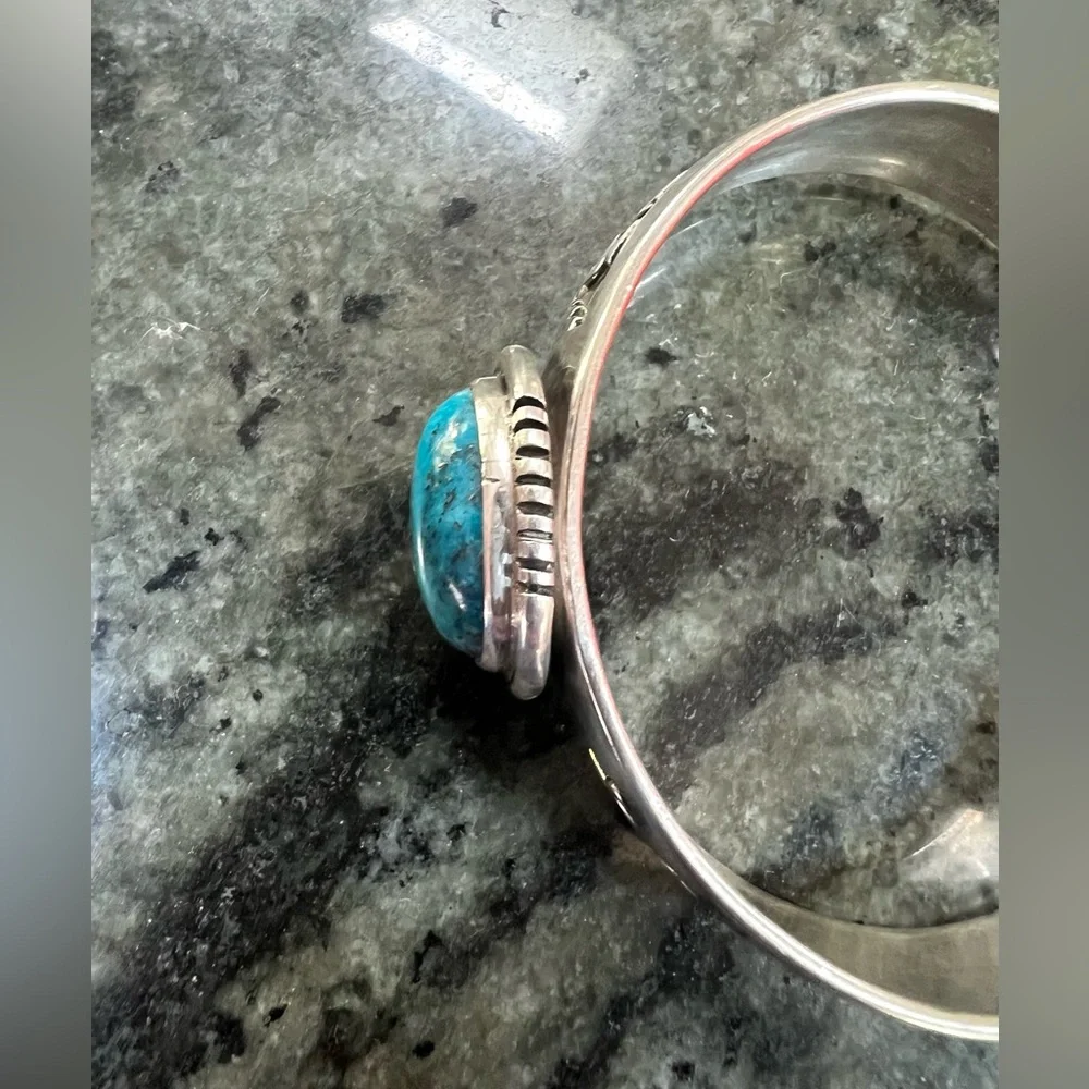 Sterling Silver & Turquoise Cabochon Overlay Cuff Bracelet - Picture 7 of 16